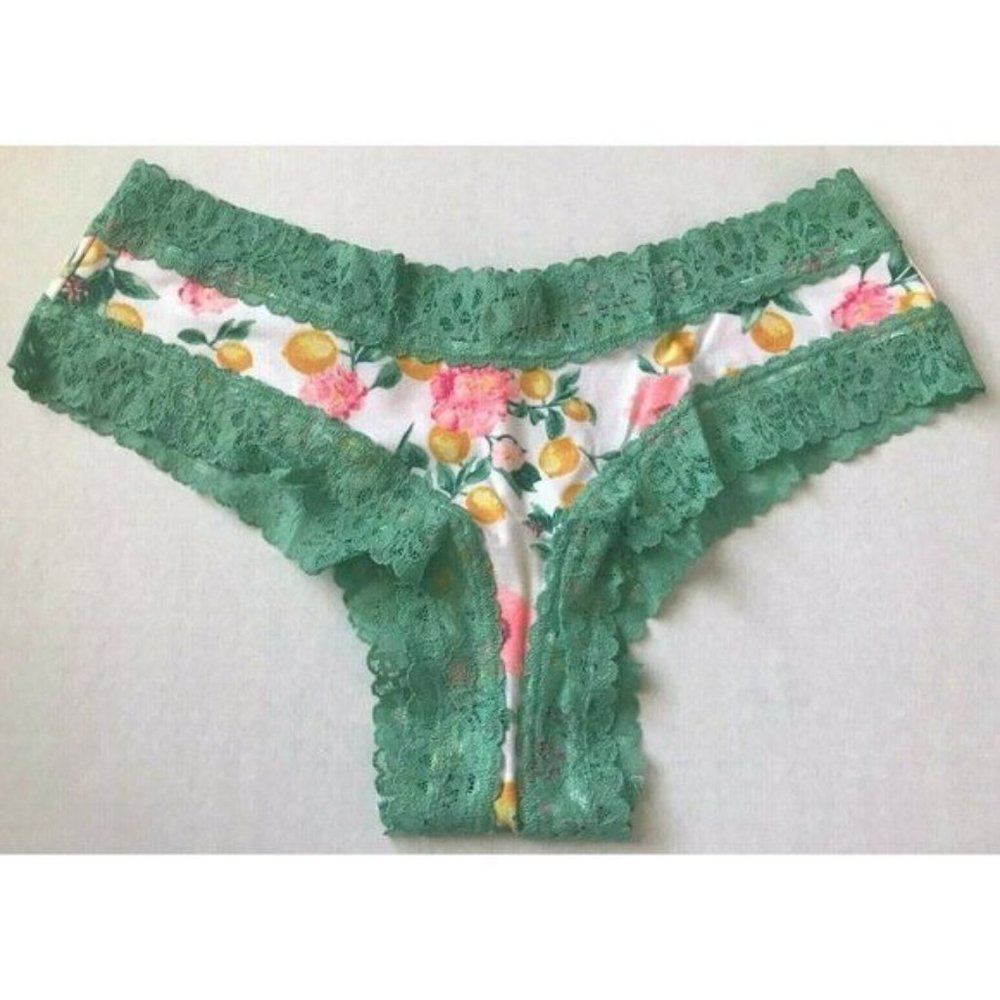 NEW Victoria's Secret Green Lace Pink Flowers Waist Cotton Cheeky Panty Size XL
